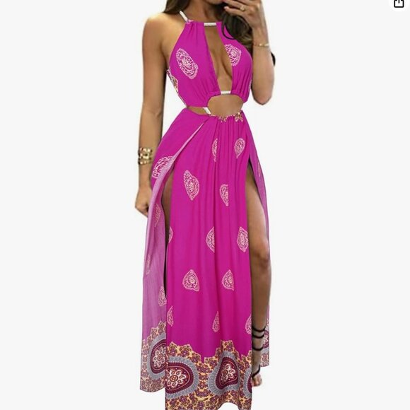 BIUBIU Women's Sexy Boho Floral Halter Summer Maxi Dress Beach Party Split Cover - Picture 1 of 16